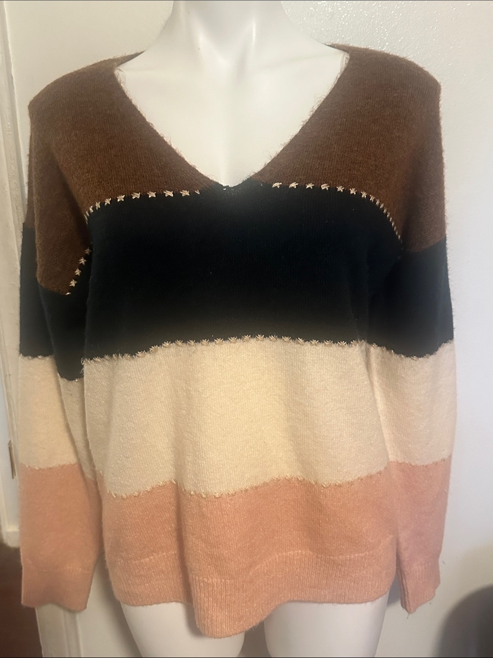 Colorblock V-Neck Sweater in Brown, Black, Cream & Pink